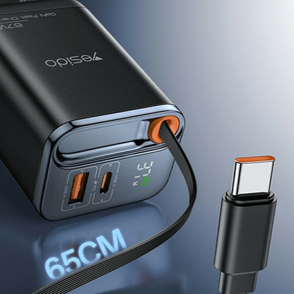 Incarcator Retea cu Cablu USB-C Yesido YC100 Display, 67W, 3.35A, 1 x USB-A - 1 x USB-C, Negru