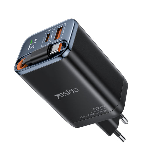 Incarcator Retea cu Cablu USB-C Yesido YC100 Display, 67W, 3.35A, 1 x USB-A - 1 x USB-C, Negru