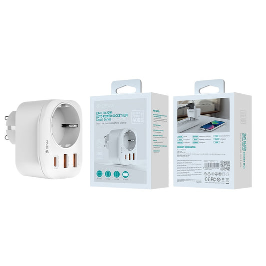 Incarcator Retea DEVIA WW09-F-PD, 20W, 3A, 2 x USB-A - 1 x USB-C - 1 x Schuko, Alb