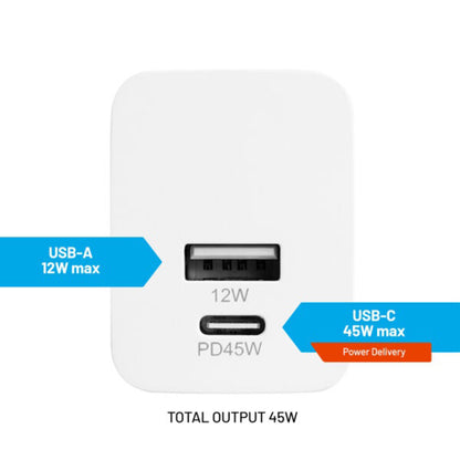 Incarcator Retea Fixed Mini, 45W, 3A, 1 x USB-A - 1 x USB-C, Alb