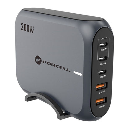 Ładowarka sieciowa Forcell F-ENERGY GaN III VT-51, 200W, 5A, 2 x USB-A - 3 x USB-C, szara 