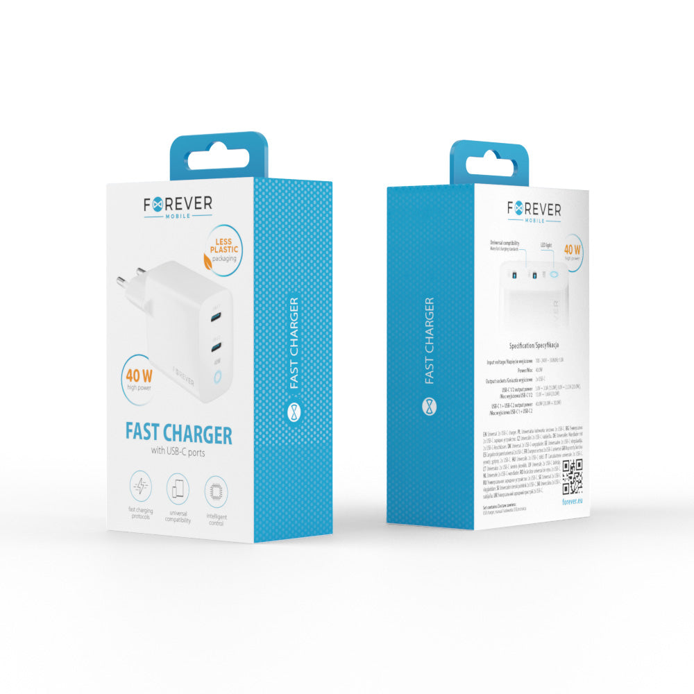 Incarcator Retea Forever TC-06-40CC, 40W, 3A, 2 x USB-C, Alb