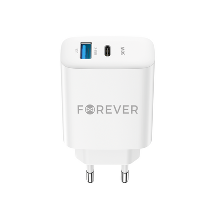 Incarcator Retea Forever TC-07-30AC, 30W, 3A, 1 x USB-A - 1 x USB-C, Alb