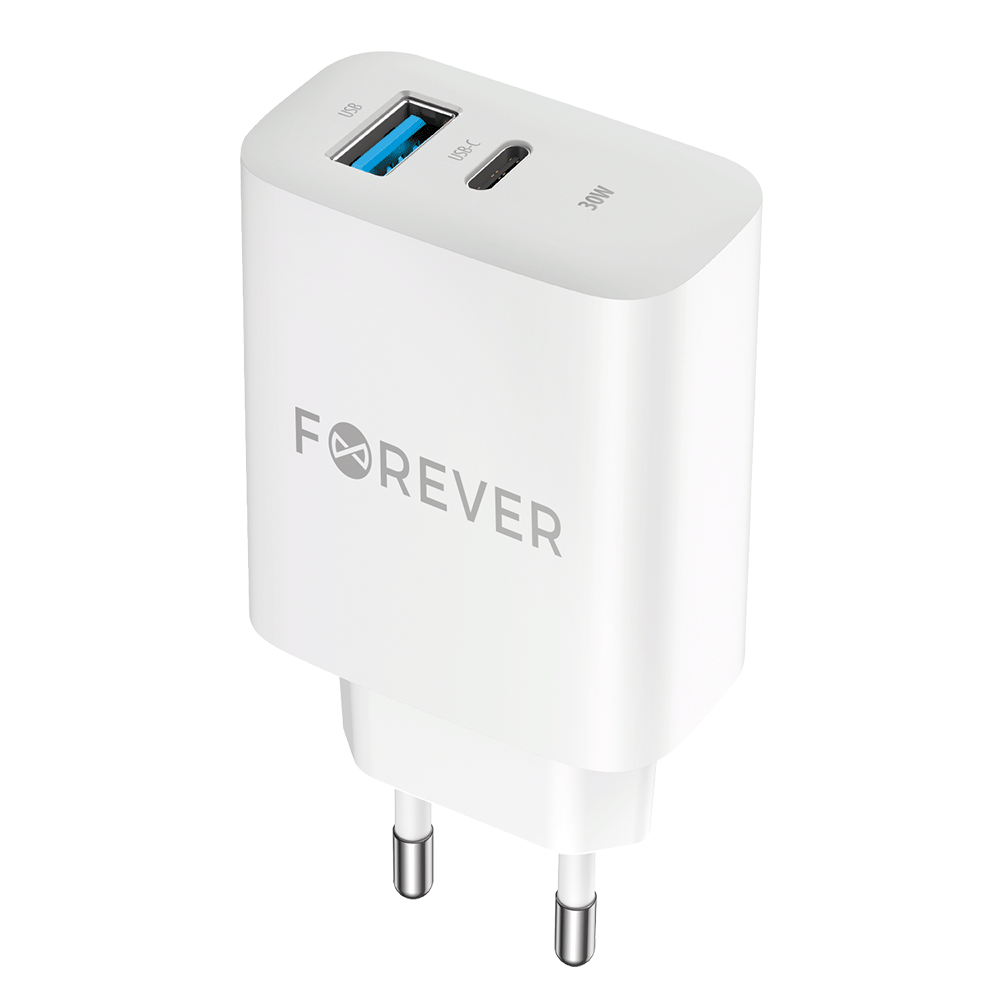 Incarcator Retea Forever TC-07-30AC, 30W, 3A, 1 x USB-A - 1 x USB-C, Alb