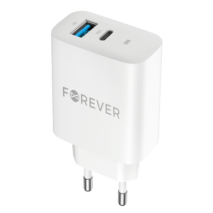 Incarcator Retea Forever TC-07-30AC, 30W, 3A, 1 x USB-A - 1 x USB-C, Alb