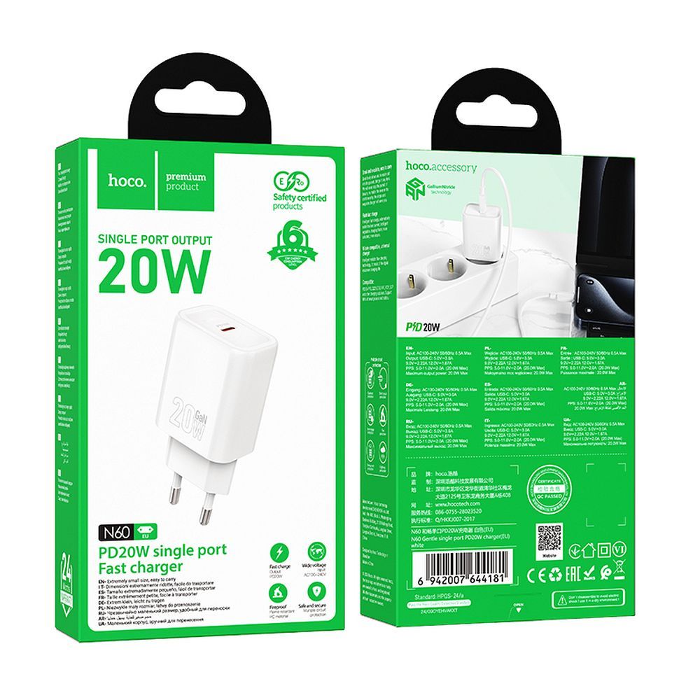 Incarcator Retea HOCO N60, 20W, 3A, 1 x USB-C, Alb