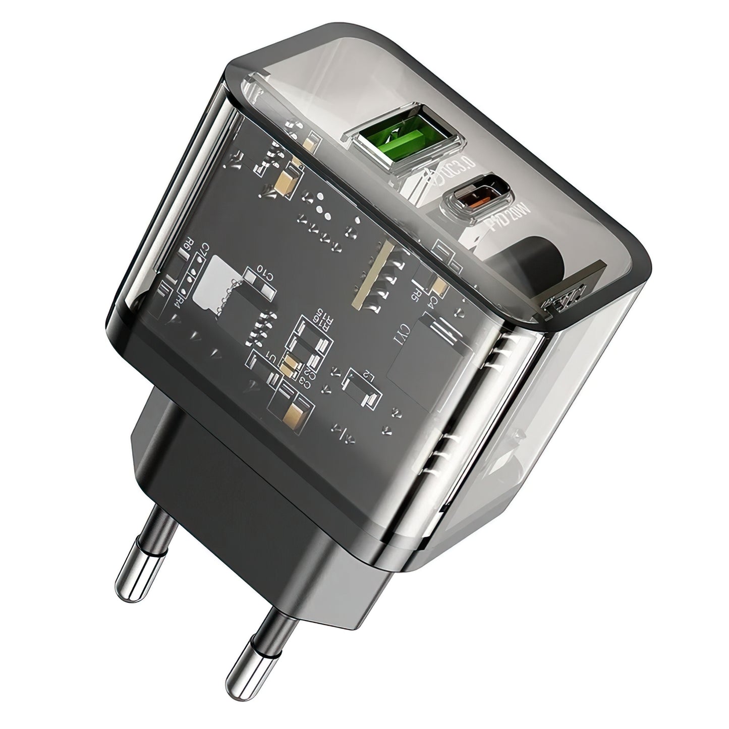 Incarcator Retea HOCO N34, 20W, 3A, 1 x USB-A - 1 x USB-C, Transparent