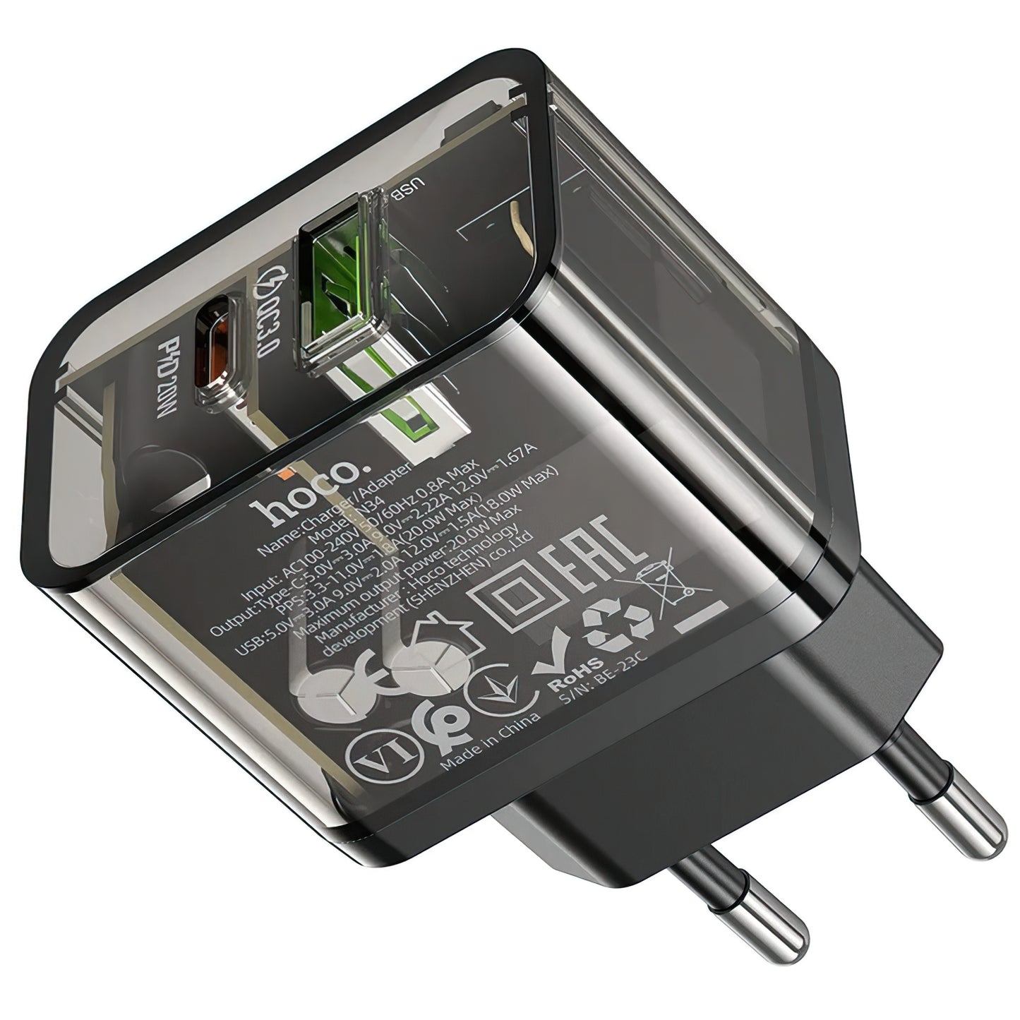 Incarcator Retea HOCO N34, 20W, 3A, 1 x USB-A - 1 x USB-C, Transparent