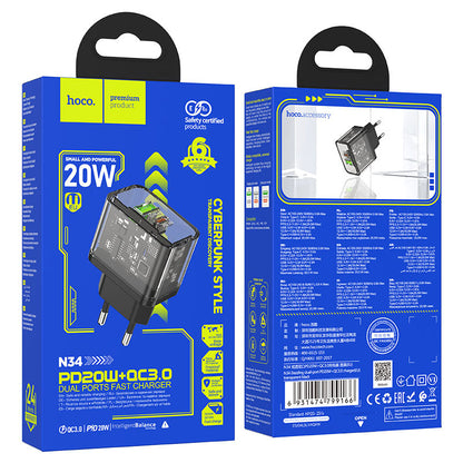 Incarcator Retea HOCO N34, 20W, 3A, 1 x USB-A - 1 x USB-C, Transparent
