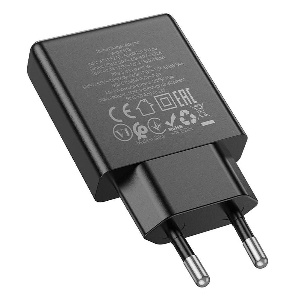 Incarcator Retea HOCO N38, 20W, 3A, 1 x USB-A - 1 x USB-C, Negru