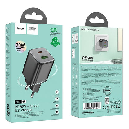 Incarcator Retea HOCO N41, 20W, 3A, 1 x USB-A - 1 x USB-C, Negru