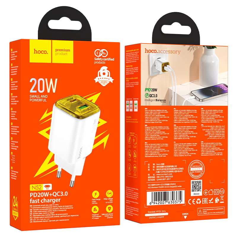 Incarcator Retea HOCO N52, 20W, 3A, 1 x USB-A - 1 x USB-C, Alb