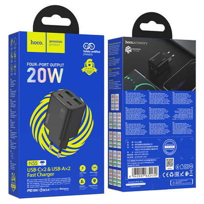 Incarcator Retea HOCO N55, 20W, 3A, 2 x USB-A - 2 x USB-C, Negru