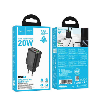 Incarcator Retea HOCO N61, 20W, 3A, 1 x USB-A - 1 x USB-C, Negru