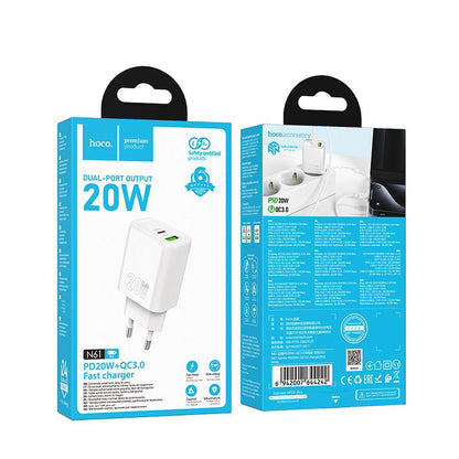 Incarcator Retea HOCO N61, 20W, 3A, 1 x USB-A - 1 x USB-C, Alb
