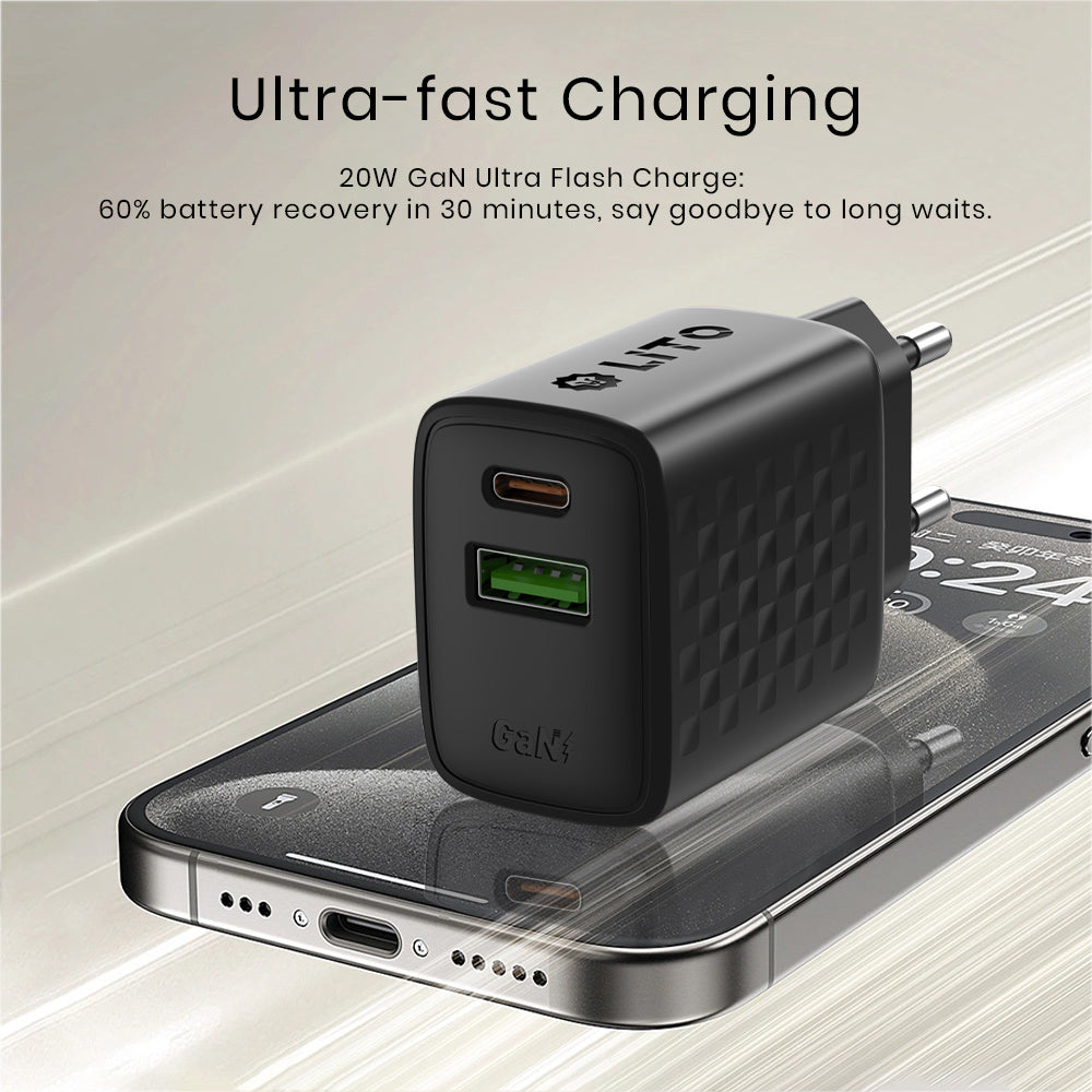 Incarcator Retea Lito LC15, 20W, 3A, 1 x USB-A - 1 x USB-C, Negru