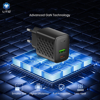 Incarcator Retea Lito LC24, 65W, 3.25A, 1 x USB-A - 1 x USB-C, Negru