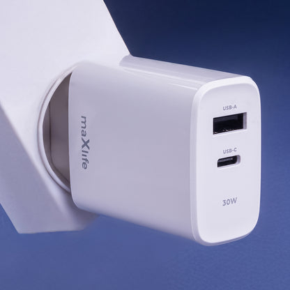 Ładowarka sieciowa MaXlife MXTC-10-30AC, 30W, 3A, 1 x USB-A - 1 x USB-C, biała 