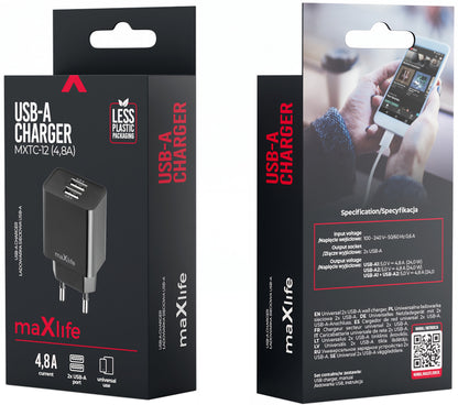 Incarcator Retea MaXlife MXTC-12, 24W, 2.4A, 2 x USB-A, Negru