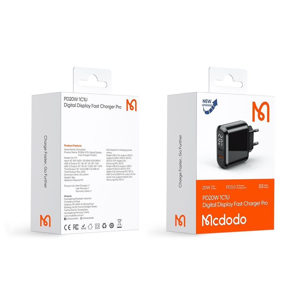 Incarcator Retea McDodo CH-7170 Chocolate Display, 20W, 3A, 1 x USB-A - 1 x USB-C, Negru