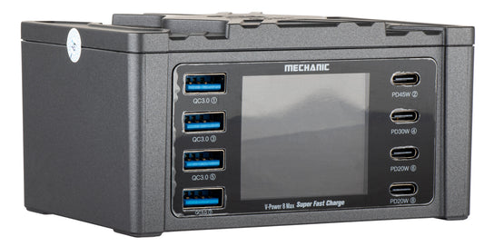 Incarcator Statie Mechanic V-Power Max with Display, 115W, 3A, 4 x USB-A - 4 x USB-C, Negru