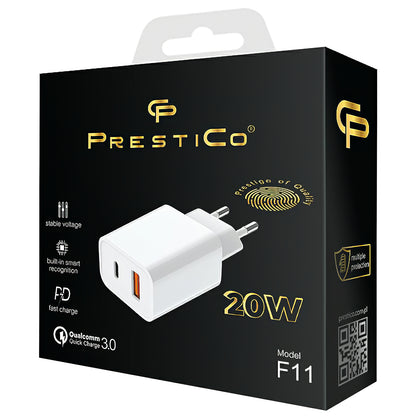 Incarcator Retea Prestico F11, 20W, 3A, 1 x USB-A - 1 x USB-C, Alb