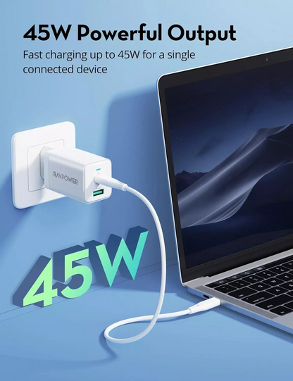 Incarcator Retea RavPower RP-PC171, 45W, 3A, 1 x USB-A - 1 x USB-C, Alb