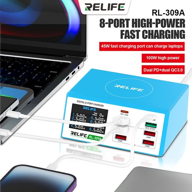 Ładowarka sieciowa Relife RL-309A, 100W, 4.5A, 2 x USB-C - 6 x USB-A, niebieska 