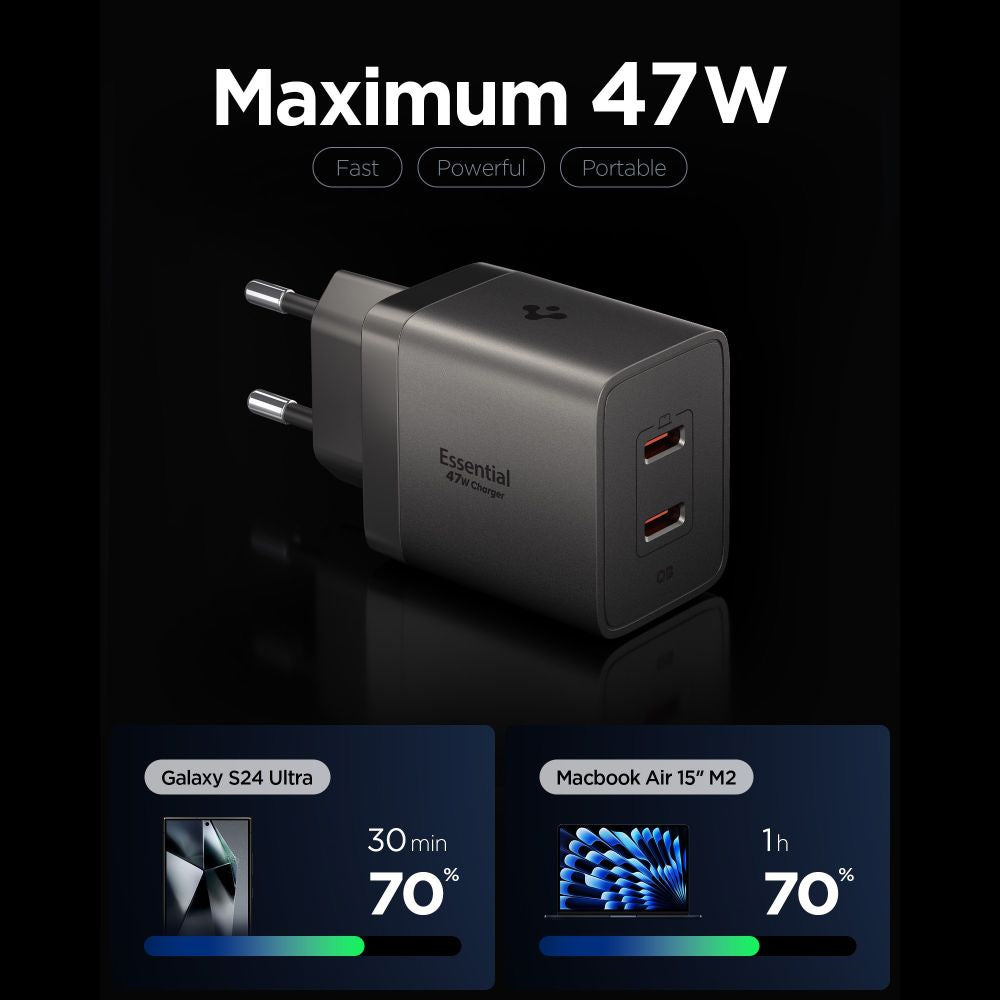 Incarcator Retea Spigen EE472EU Essential, 47W, 3A,  2 x USB-C, Gri ACH10450