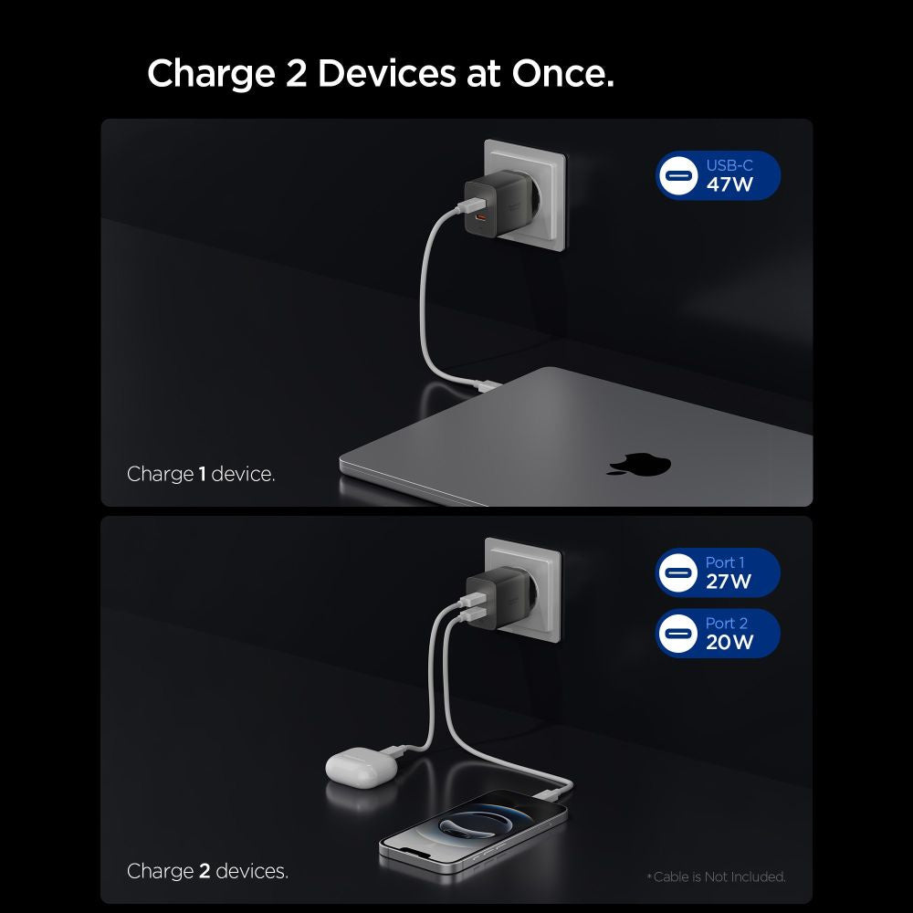 Incarcator Retea Spigen EE472EU Essential, 47W, 3A,  2 x USB-C, Gri ACH10450