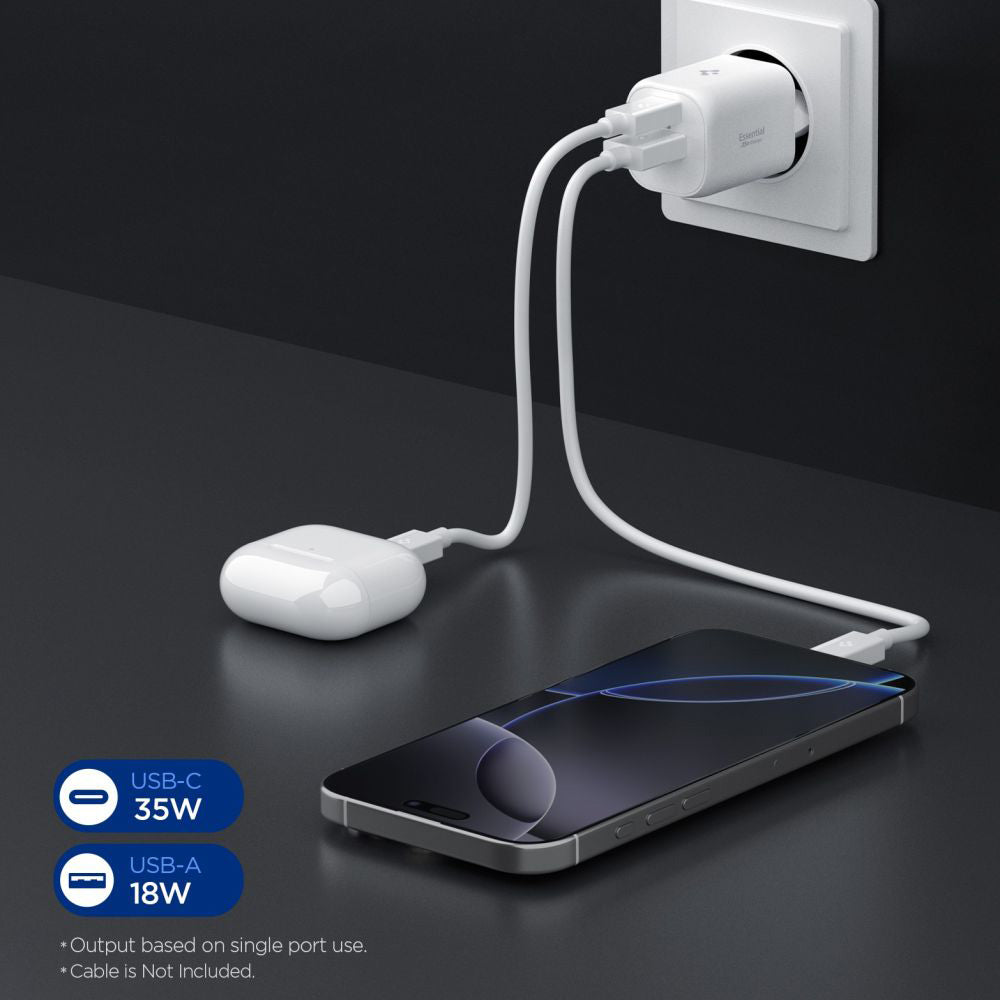 Incarcator Retea Spigen Essential, 35W, 3A, 1 x USB-A - 1 x USB-C, Alb ACH09462