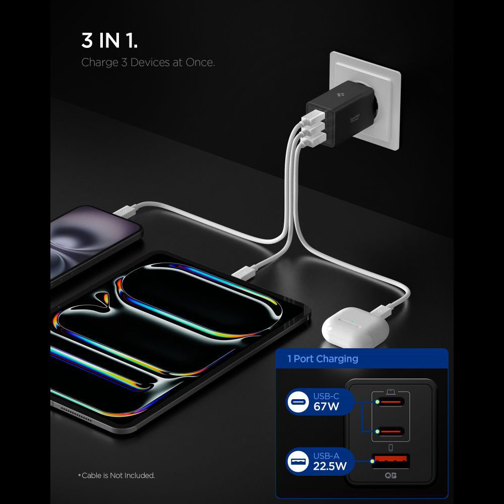 Incarcator Retea Spigen Essential, 67W, 3.25A, 1 x USB-A - 2 x USB-C, Negru ACH09458