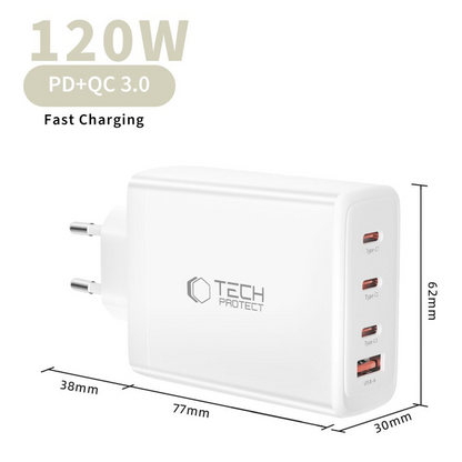 Incarcator Retea Tech-Protect NC120W-GAN, 120W, 5A, 1 x USB-A - 3 x USB-C, Alb