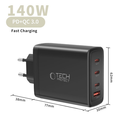Incarcator Retea Tech-Protect NC140W-GAN, 140W, 5A, 1 x USB-A - 3 x USB-C, Negru