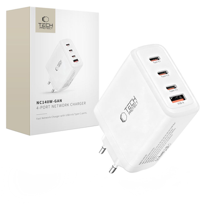 Incarcator Retea Tech-Protect NC140W-GAN, 140W, 5A, 1 x USB-A - 3 x USB-C, Alb