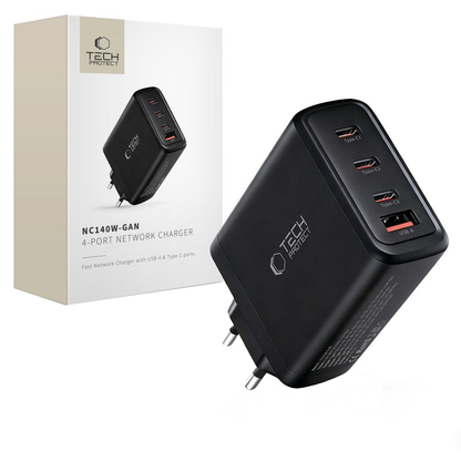 Incarcator Retea Tech-Protect NC140W-GAN, 140W, 5A, 1 x USB-A - 3 x USB-C, Negru