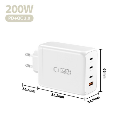 Incarcator Retea Tech-Protect NC200W-GAN, 200W, 5A, 1 x USB-A - 3 x USB-C, Alb