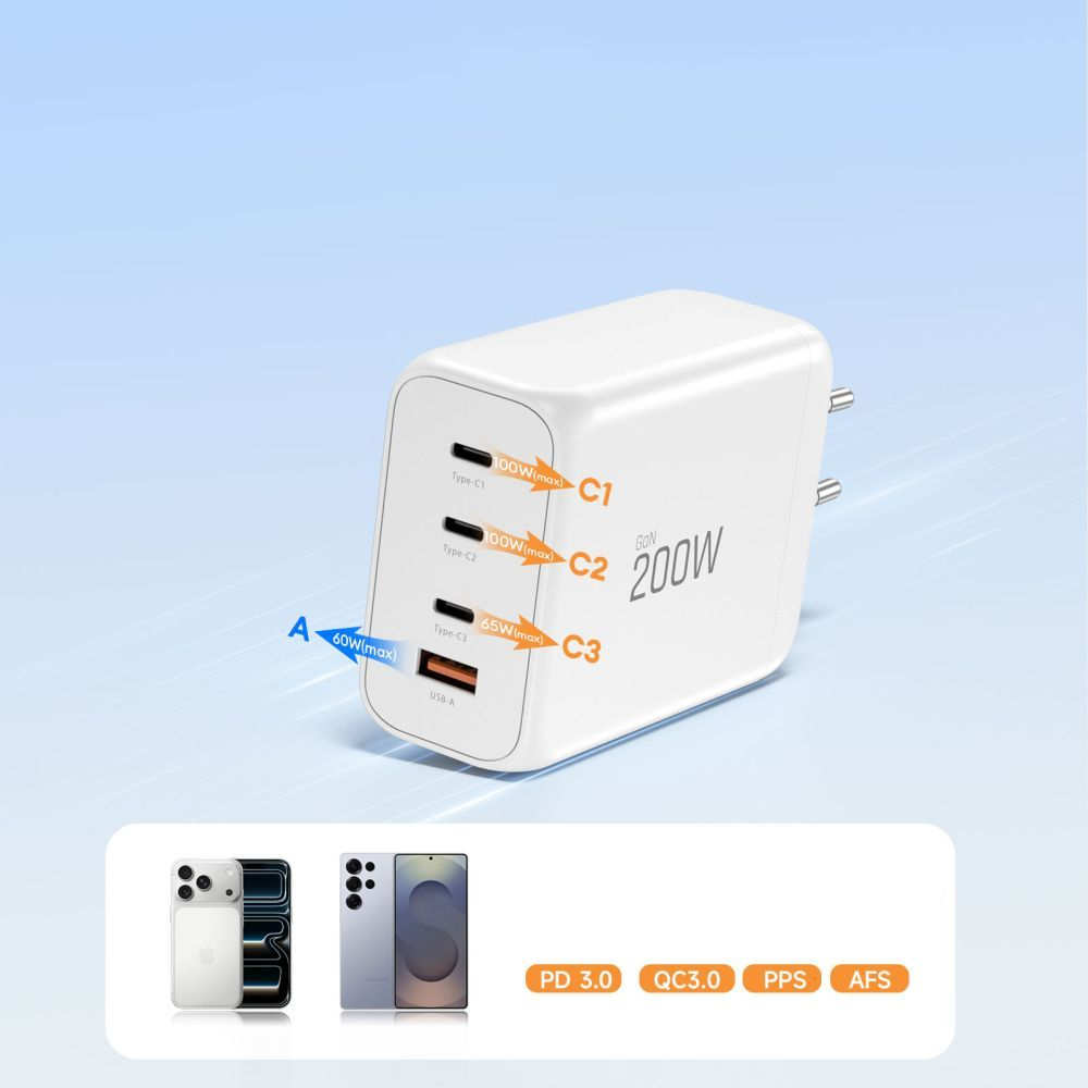 Incarcator Retea Tech-Protect NC200W-GAN, 200W, 5A, 1 x USB-A - 3 x USB-C, Alb