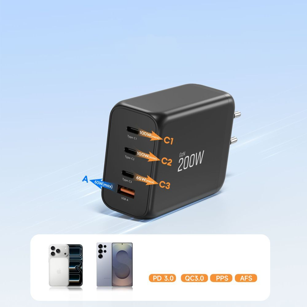 Incarcator Retea Tech-Protect NC200W-GAN, 200W, 5A, 1 x USB-A - 3 x USB-C, Negru