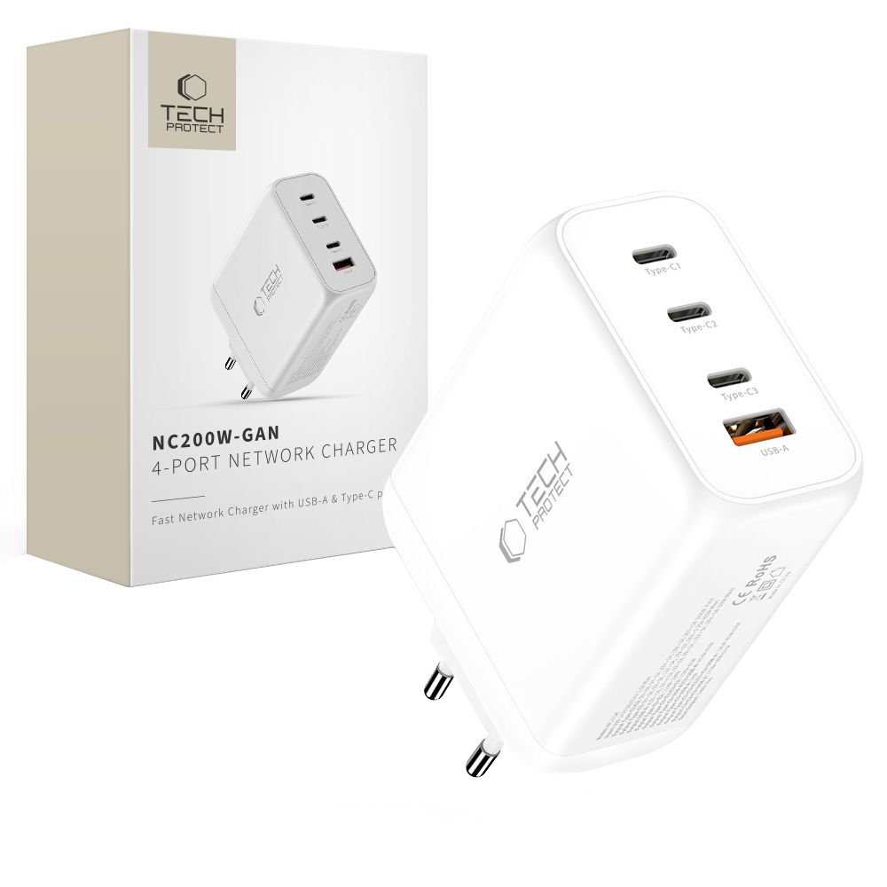 Incarcator Retea Tech-Protect NC200W-GAN, 200W, 5A, 1 x USB-A - 3 x USB-C, Alb