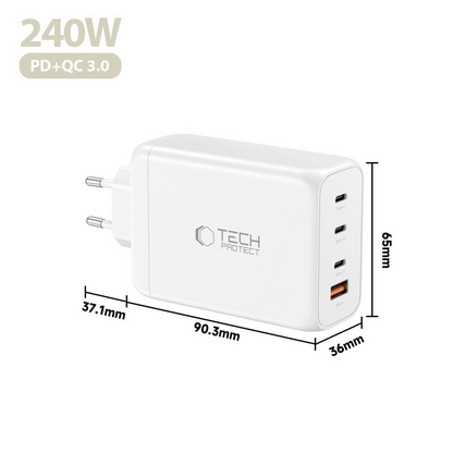 Incarcator Retea Tech-Protect NC240W-GAN, 240W, 5A, 1 x USB-A - 3 x USB-C, Alb