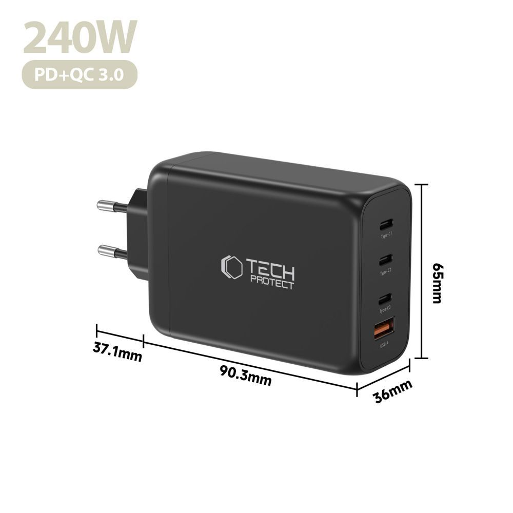 Incarcator Retea Tech-Protect NC240W-GAN, 240W, 5A, 1 x USB-A - 3 x USB-C, Negru