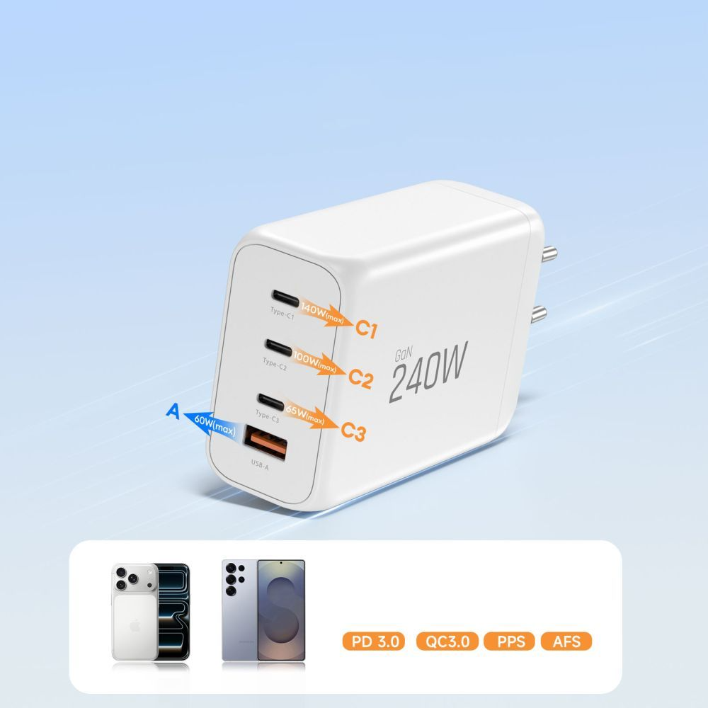 Incarcator Retea Tech-Protect NC240W-GAN, 240W, 5A, 1 x USB-A - 3 x USB-C, Alb