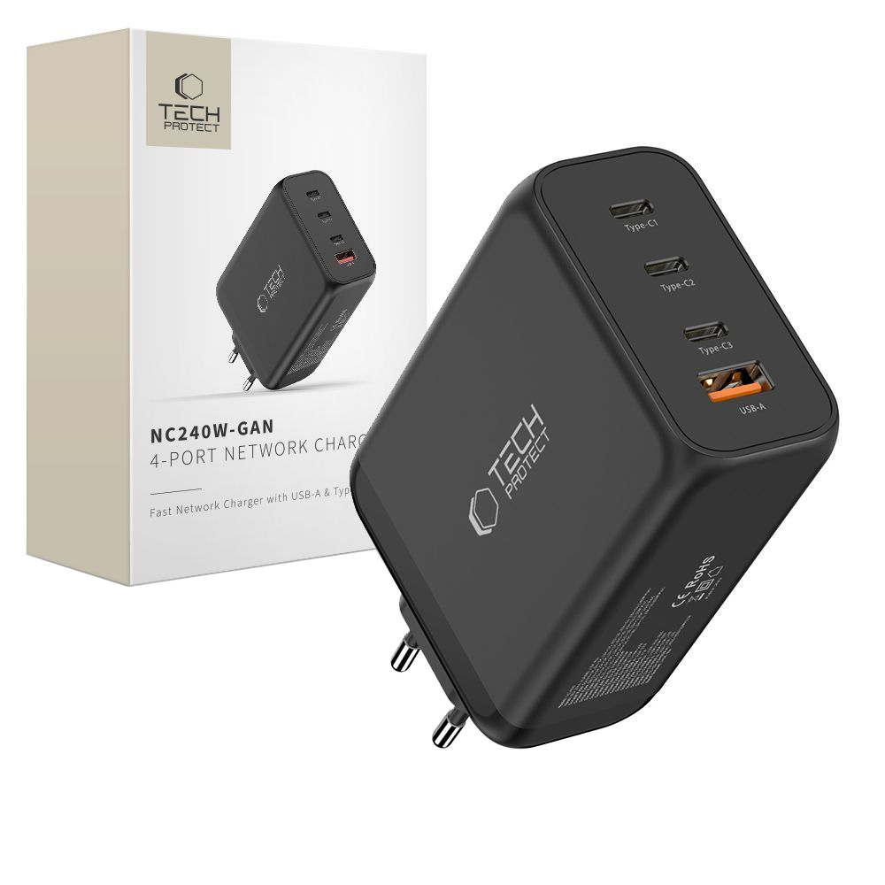 Incarcator Retea Tech-Protect NC240W-GAN, 240W, 5A, 1 x USB-A - 3 x USB-C, Negru