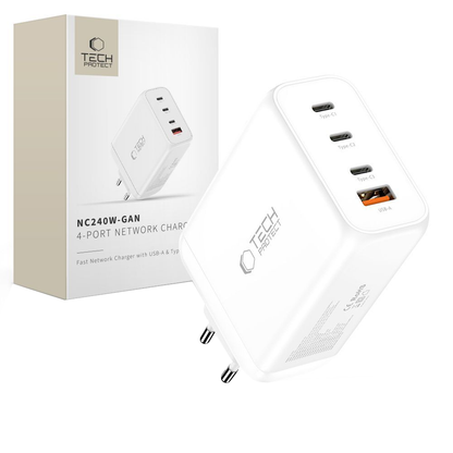 Incarcator Retea Tech-Protect NC240W-GAN, 240W, 5A, 1 x USB-A - 3 x USB-C, Alb
