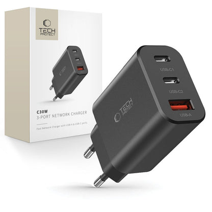 Incarcator Retea Tech-Protect NC30W, 30W, 3A, 1 x USB-A - 2 x USB-C, Negru