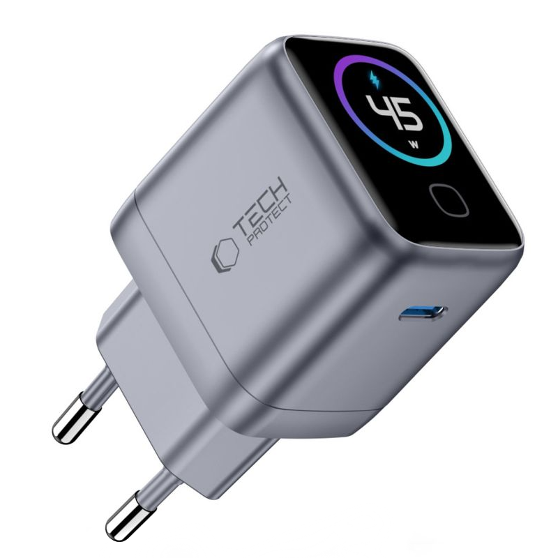 Incarcator Retea Tech-Protect NC45W Display, 45W, 3A, 1 x USB-C, Gri