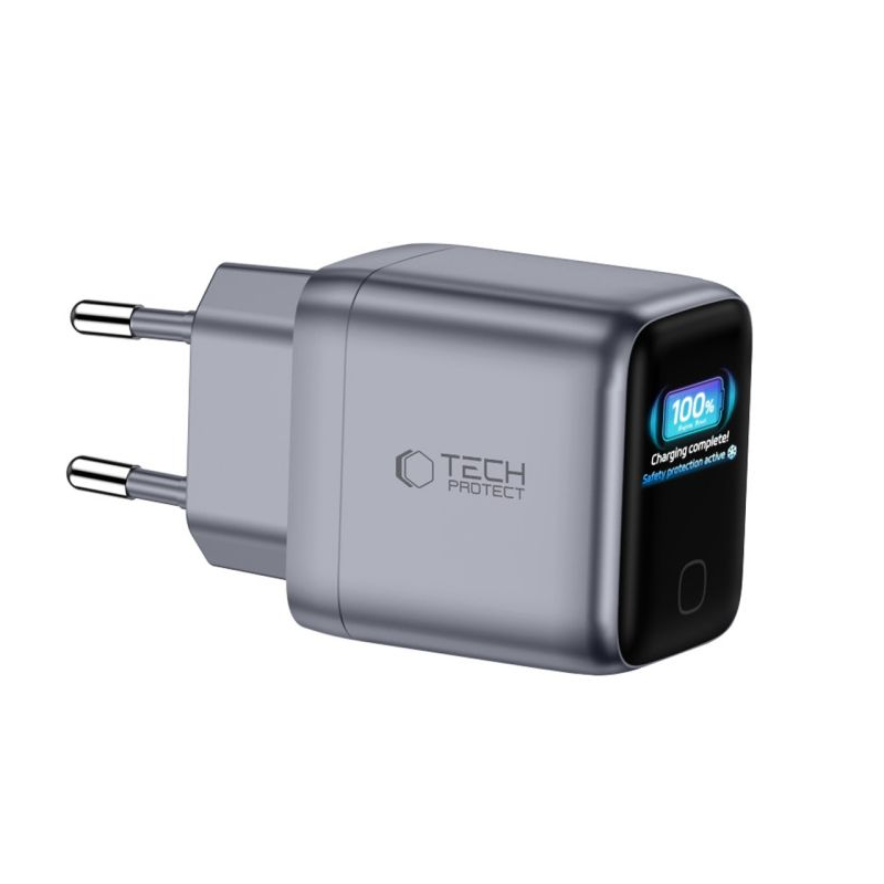 Incarcator Retea Tech-Protect NC45W Display, 45W, 3A, 1 x USB-C, Gri