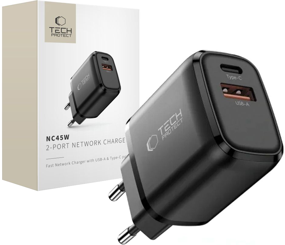 Incarcator Retea Tech-Protect NCA45W, 45W, 3A, 1 x USB-A - 1 x USB-C, Negru