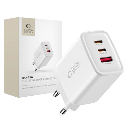 Incarcator Retea Tech-Protect NCA65W, 65W, 3A, 1 x USB-A - 2 x USB-C, Alb
